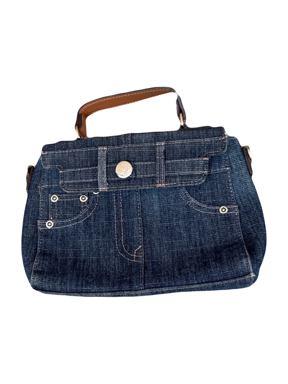 True Religion Blue Denim Crossbody Bag with Tan Handle - Picture 2 of 6